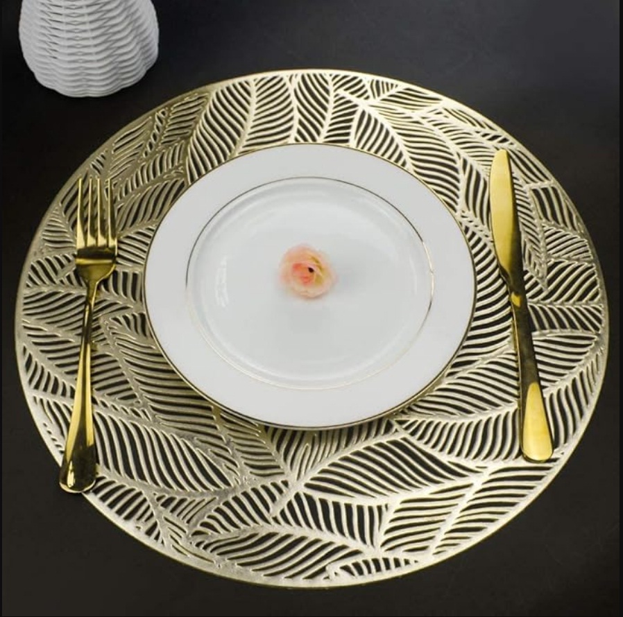 Placemat, Place Mat, Table Mat, Round Shape Place Mats, Dressing Table MATS, Table mat Round/Round PVC Table mats/Cutwork/Bed Side Table mats  (Big Leaf Gold)